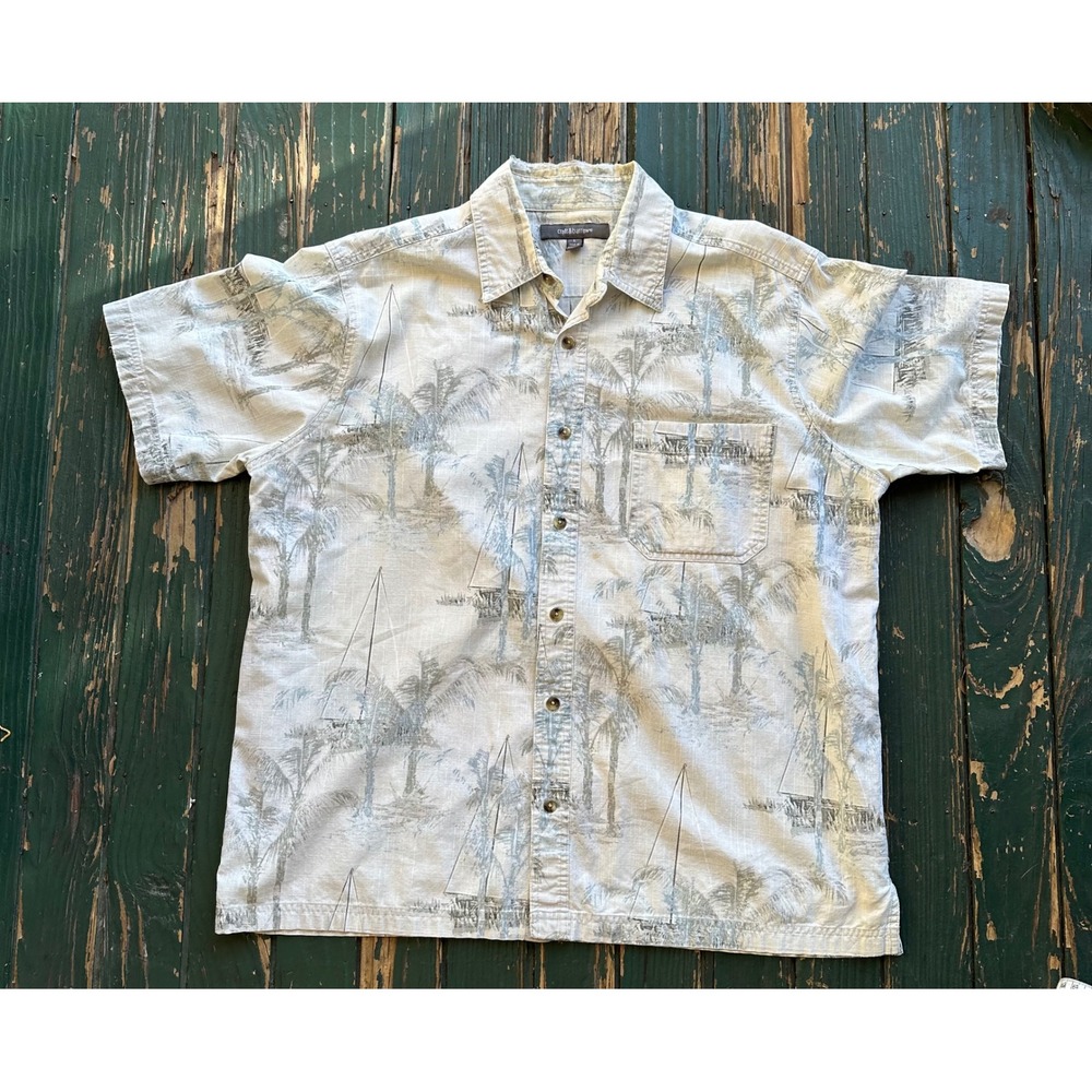 Croft & Barrow Mens Large Tropical Palm Tree Sailboat Button Down Shirt Grey
